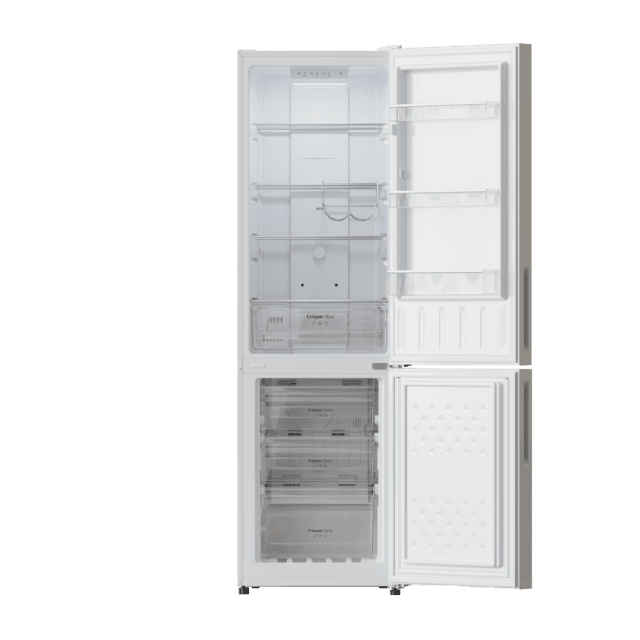 Bolero CoolMarket Combi 250 White Glass E Frigorífico combi cristal blanco, 180cm de alto y 55 cm de ancho, con 250 litros de capacidad, Total No Frost, clase energética E y con sistema Multi Air Flow. Además, cuenta con el modo Fast Cooling y cajón Humidity Box con regulación de humedad así como alarmas de puerta abierta y fallo de funcionamiento.