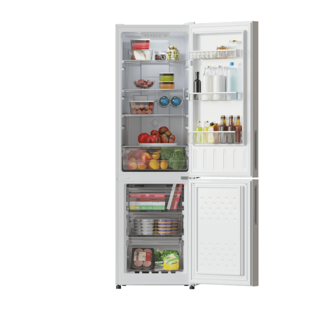 Bolero CoolMarket Combi 250 White Glass E Frigorífico combi cristal blanco, 180cm de alto y 55 cm de ancho, con 250 litros de capacidad, Total No Frost, clase energética E y con sistema Multi Air Flow. Además, cuenta con el modo Fast Cooling y cajón Humidity Box con regulación de humedad así como alarmas de puerta abierta y fallo de funcionamiento.