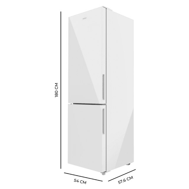 Bolero CoolMarket Combi 250 White Glass E Frigorífico combi cristal blanco, 180cm de alto y 55 cm de ancho, con 250 litros de capacidad, Total No Frost, clase energética E y con sistema Multi Air Flow. Además, cuenta con el modo Fast Cooling y cajón Humidity Box con regulación de humedad así como alarmas de puerta abierta y fallo de funcionamiento.