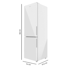 Bolero CoolMarket Combi 250 White Glass E Frigorífico combi cristal blanco, 180cm de alto y 55 cm de ancho, con 250 litros de capacidad, Total No Frost, clase energética E y con sistema Multi Air Flow. Además, cuenta con el modo Fast Cooling y cajón Humidity Box con regulación de humedad así como alarmas de puerta abierta y fallo de funcionamiento.