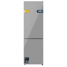 Bolero CoolMarket Combi 250 Grey Glass E Frigorífico combi cristal gris, 180cm de alto y 55 cm de ancho, con 250 litros de capacidad, Total No Frost, clase energética E y con sistema Multi Air Flow Además, Además, cuenta con el modo Fast Cooling y cajón Humidity Box con regulación de humedad así como alarmas de puerta abierta y fallo de funcionamiento.