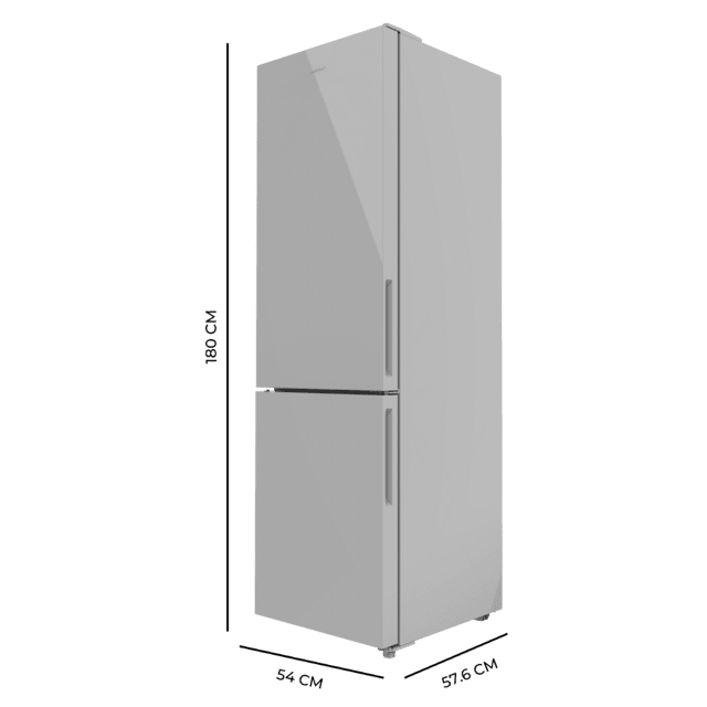 Bolero CoolMarket Combi 250 Grey Glass E Frigorífico combi cristal gris, 180cm de alto y 55 cm de ancho, con 250 litros de capacidad, Total No Frost, clase energética E y con sistema Multi Air Flow Además, Además, cuenta con el modo Fast Cooling y cajón Humidity Box con regulación de humedad así como alarmas de puerta abierta y fallo de funcionamiento.