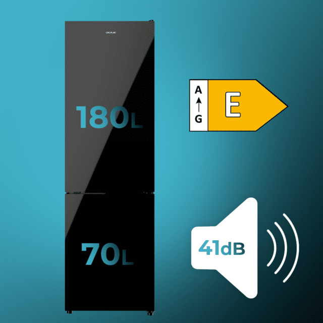 Bolero CoolMarket Combi 250 Black Glass E Frigorífico combi cristal negro, 180cm de alto y 55 cm de ancho, con 250 litros de capacidad, Total No Frost, clase energética E, con sistema Multi Air Flow.Además, cuenta con el modo Fast Cooling y cajón Humidity Box con regulación de humedad así como alarmas de puerta abierta y fallo de funcionamiento.