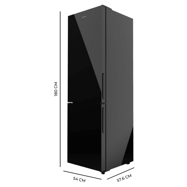 Bolero CoolMarket Combi 250 Black Glass E Frigorífico combi cristal negro, 180cm de alto y 55 cm de ancho, con 250 litros de capacidad, Total No Frost, clase energética E, con sistema Multi Air Flow.Además, cuenta con el modo Fast Cooling y cajón Humidity Box con regulación de humedad así como alarmas de puerta abierta y fallo de funcionamiento.