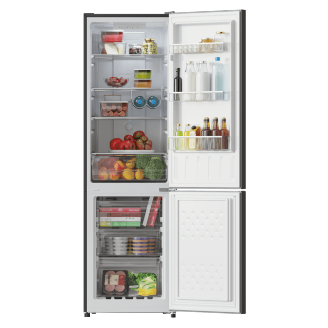 Bolero CoolMarket Combi 250 Dark D Frigorífico combi dark inox, 180cm de alto y 55 cm de ancho, con 250 litros de capacidad, compresor Inverter Plus, Total No Frost, clase energética E y con sistema Multi Air Flow Además, Además, cuenta con el modo Fast Cooling y cajón Humidity Box con regulación de humedad así como alarmas de puerta abierta y fallo de funcionamiento.