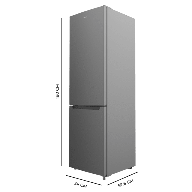 Bolero CoolMarket Combi 250 Dark D Frigorífico combi dark inox, 180cm de alto y 55 cm de ancho, con 250 litros de capacidad, compresor Inverter Plus, Total No Frost, clase energética E y con sistema Multi Air Flow Además, Además, cuenta con el modo Fast Cooling y cajón Humidity Box con regulación de humedad así como alarmas de puerta abierta y fallo de funcionamiento.