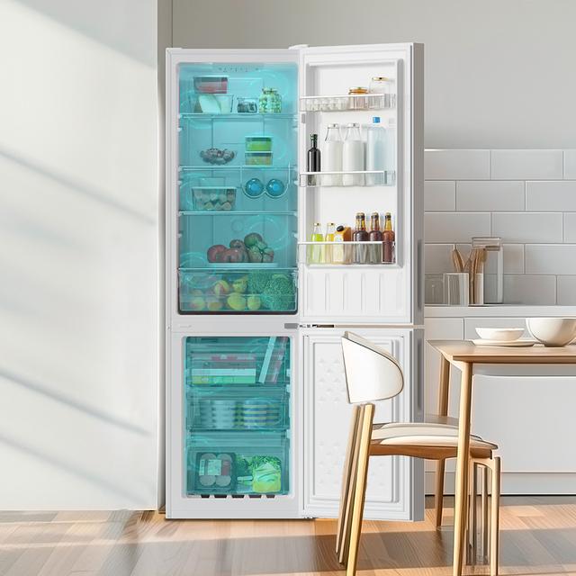 Bolero CoolMarket Combi 250 White Glass D Frigorífico combi cristal blanco, 180cm de alto y 55 cm de ancho, con 250 litros de capacidad, compresor Inverter Plus, Total No Frost, clase energética D y con sistema Multi Air Flow. Además, cuenta con el modo Fast Cooling y cajón Humidity Box con regulación de humedad así como alarmas de puerta abierta y fallo de funcionamiento.