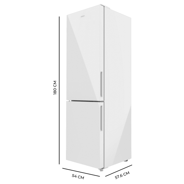 Bolero CoolMarket Combi 250 White Glass D Frigorífico combi cristal blanco, 180cm de alto y 55 cm de ancho, con 250 litros de capacidad, compresor Inverter Plus, Total No Frost, clase energética D y con sistema Multi Air Flow. Además, cuenta con el modo Fast Cooling y cajón Humidity Box con regulación de humedad así como alarmas de puerta abierta y fallo de funcionamiento.