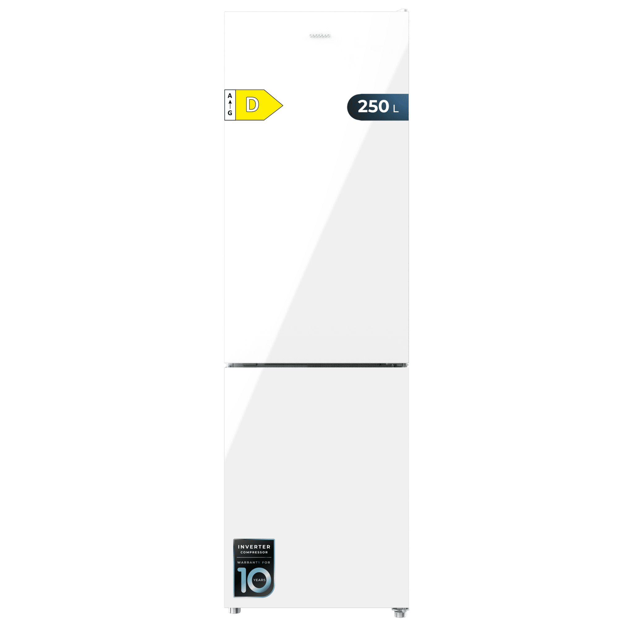 Bolero CoolMarket Combi 250 White Glass D Frigorífico combinado de vidro branco, com 180 cm de altura e 55 cm de largura, com 250 L de capacidade, compressor Inverter Plus, Total No Frost, classe energética D e com sistema Multi AirFlow. Além disso, possui o modo Fast Cooling e a Humidity Box com controlo da humidade, bem como alarmes de porta aberta e de avaria.