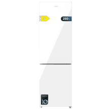 Bolero CoolMarket Combi 250 White Glass D Frigorífico combi cristal blanco, 180cm de alto y 55 cm de ancho, con 250 litros de capacidad, compresor Inverter Plus, Total No Frost, clase energética D y con sistema Multi Air Flow. Además, cuenta con el modo Fast Cooling y cajón Humidity Box con regulación de humedad así como alarmas de puerta abierta y fallo de funcionamiento.