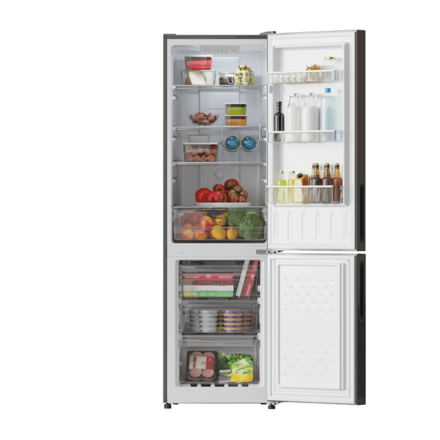 Bolero CoolMarket Combi 250 Grey Glass D Frigorífico combi cristal gris, 180cm de alto y 55 cm de ancho, con 250 litros de capacidad, compresor Inverter Plus, Total No Frost, clase energética D y con sistema Multi Air Flow. Además, cuenta con el modo Fast Cooling y cajón Humidity Box con regulación de humedad así como alarmas de puerta abierta y fallo de funcionamiento.