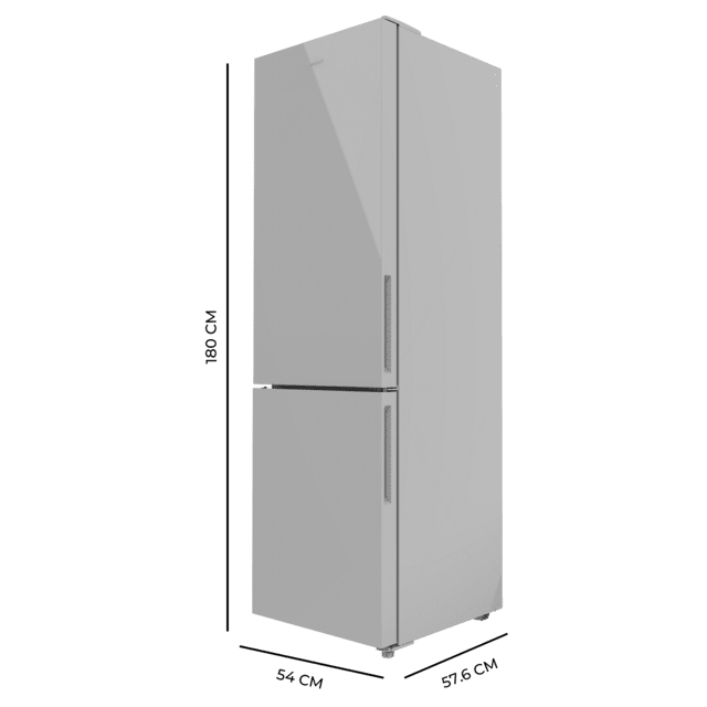 Bolero CoolMarket Combi 250 Grey Glass D Frigorífico combi cristal gris, 180cm de alto y 55 cm de ancho, con 250 litros de capacidad, compresor Inverter Plus, Total No Frost, clase energética D y con sistema Multi Air Flow. Además, cuenta con el modo Fast Cooling y cajón Humidity Box con regulación de humedad así como alarmas de puerta abierta y fallo de funcionamiento.