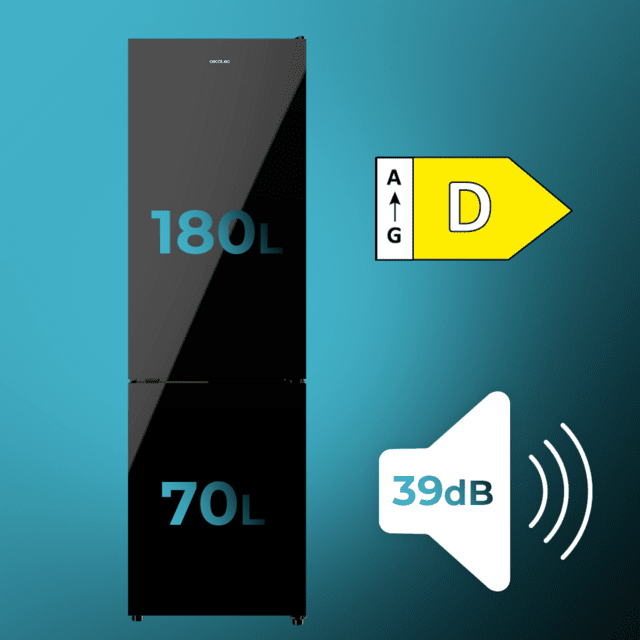 Bolero CoolMarket Combi 250 Black Glass D Frigorífico combi cristal negro, 180cm de alto y 55 cm de ancho, con 250 litros de capacidad, compresor Inverter Plus, Total No Frost, clase energética D y con sistema Multi Air Flow. Además, cuenta con el modo Fast Cooling y cajón Humidity Box con regulación de humedad así como alarmas de puerta abierta y fallo de funcionamiento.