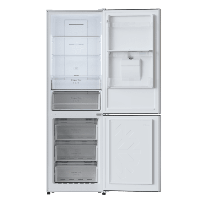 Bolero CoolMarket Combi 322 WD Inox E Frigorífico combi inox, 185,5cm de alto y 59,5 cm de ancho, con 322 litros de capacidad, compresor Inverter Plus, Total No Frost, dispensador de agua, clase energética D y con sistema Multi Air Flow. Además, cuenta con el modo Fast Cooling.