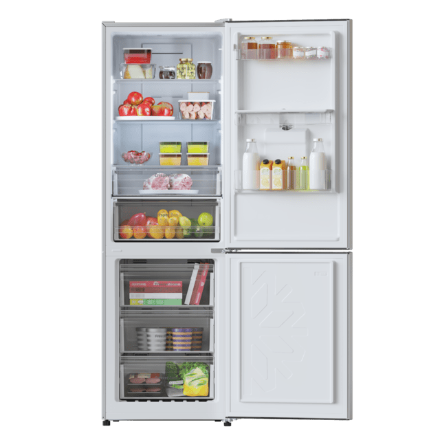 Bolero CoolMarket Combi 322 WD Inox E Frigorífico combi inox, 185,5cm de alto y 59,5 cm de ancho, con 322 litros de capacidad, compresor Inverter Plus, Total No Frost, dispensador de agua, clase energética D y con sistema Multi Air Flow. Además, cuenta con el modo Fast Cooling.