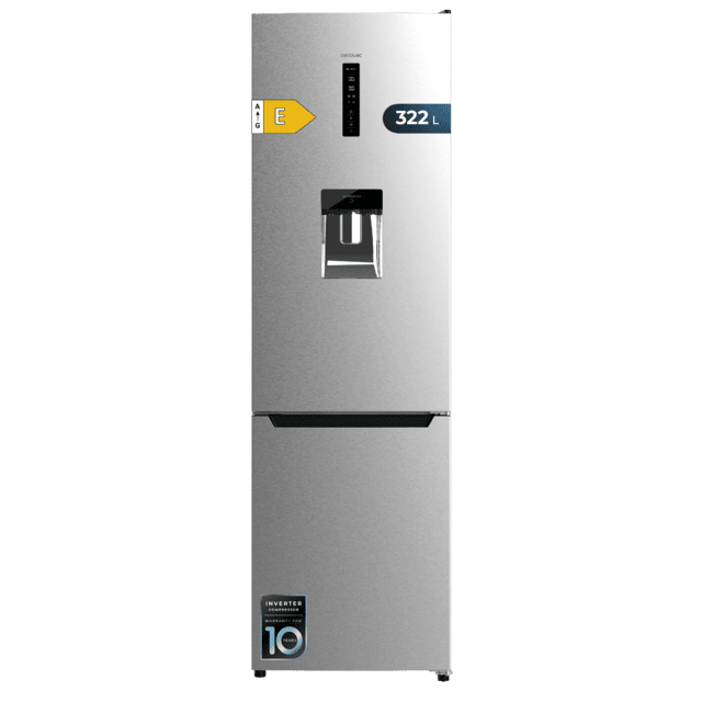 Bolero CoolMarket Combi 322 WD Inox E Frigorífico combi inox, 185,5cm de alto y 59,5 cm de ancho, con 322 litros de capacidad, compresor Inverter Plus, Total No Frost, dispensador de agua, clase energética D y con sistema Multi Air Flow. Además, cuenta con el modo Fast Cooling.