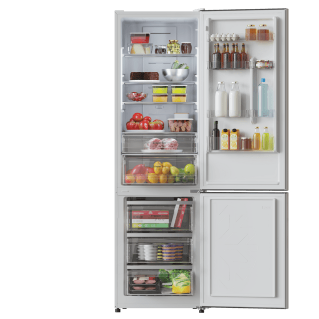 Bolero CoolMarket Combi 356 White E Frigorífico combi blanco, 200cm alto y 59,5 cm ancho, capacidad 356L, Total No Frost, clase energética E. Además, cuenta con distintos modos como Fast Cooling y Fast Freezing, así como sistemas como MultiAirFlow y modo vacaciones.