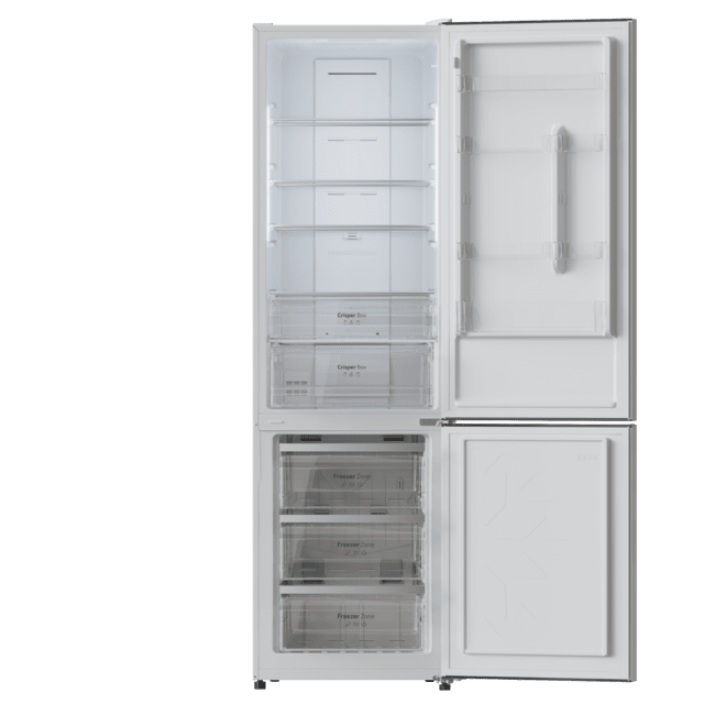 Bolero CoolMarket Combi 356 White E Frigorífico combi blanco, 200cm alto y 59,5 cm ancho, capacidad 356L, Total No Frost, clase energética E. Además, cuenta con distintos modos como Fast Cooling y Fast Freezing, así como sistemas como MultiAirFlow y modo vacaciones.