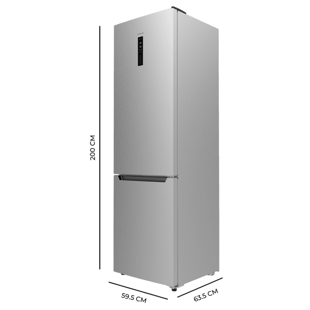 Bolero CoolMarket Combi 356 Inox E Frigorífico combi inox, 200cm alto y 59,5 cm ancho, capacidad 356L, Total No Frost, clase energética E. Además, cuenta con distintos modos como Fast Cooling y Fast Freezing, así como sistemas como MultiAirFlow y modo vacaciones.