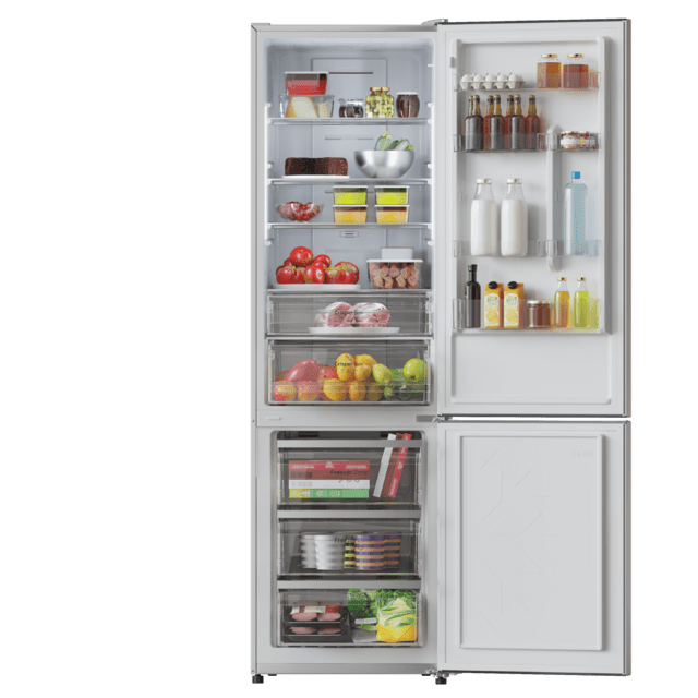 Bolero CoolMarket Combi 356 Inox E Frigorífico Combinado inox, 200 cm de altura e 59,5 cm de largura, 356 L de capacidade, Total No Frost, Classe energética E. Além disso, dispõe de diferentes modos como Fast Cooling e Fast Freezing, bem como de sistemas como MultiAirFlow e modo Férias.