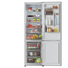 Bolero CoolMarket Combi 356 Inox E Frigorífico Combinado inox, 200 cm de altura e 59,5 cm de largura, 356 L de capacidade, Total No Frost, Classe energética E. Além disso, dispõe de diferentes modos como Fast Cooling e Fast Freezing, bem como de sistemas como MultiAirFlow e modo Férias.