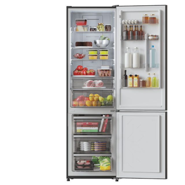 Bolero CoolMarket Combi 356 Dark E Frigorífico combi inox oscuro, 200cm alto y 59,5 cm ancho, capacidad 356L, Total No Frost, clase energética E. Además, cuenta con distintos modos como Fast Cooling y Fast Freezing, así como sistemas como MultiAirFlow y modo vacaciones.