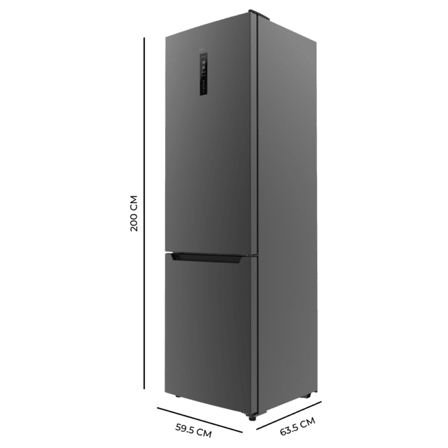 Bolero CoolMarket Combi 356 Dark E Frigorífico combi inox oscuro, 200cm alto y 59,5 cm ancho, capacidad 356L, Total No Frost, clase energética E. Además, cuenta con distintos modos como Fast Cooling y Fast Freezing, así como sistemas como MultiAirFlow y modo vacaciones.