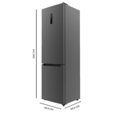 Bolero CoolMarket Combi 356 Dark E Frigorífico combi inox oscuro, 200cm alto y 59,5 cm ancho, capacidad 356L, Total No Frost, clase energética E. Además, cuenta con distintos modos como Fast Cooling y Fast Freezing, así como sistemas como MultiAirFlow y modo vacaciones.