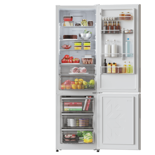 Bolero CoolMarket Combi 356 White Glass E Frigorífico combi cristal blanco, 200cm alto y 59,5 cm ancho, capacidad 356L, Total No Frost, clase energética E. Además, cuenta con distintos modos como Fast Cooling y Fast Freezing, así como sistemas como MultiAirFlow y modo vacaciones.