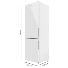 Bolero CoolMarket Combi 356 White Glass E Frigorífico combi cristal blanco, 200cm alto y 59,5 cm ancho, capacidad 356L, Total No Frost, clase energética E. Además, cuenta con distintos modos como Fast Cooling y Fast Freezing, así como sistemas como MultiAirFlow y modo vacaciones.