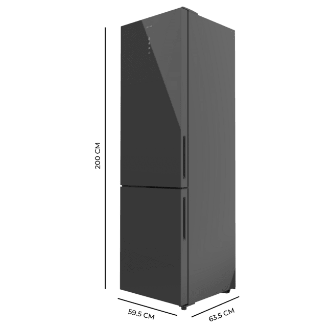 Bolero CoolMarket Combi 356 Grey Glass E Frigorífico combi cristal gris, 200cm alto y 59,5 cm ancho, capacidad 356L, Total No Frost, clase energética E. Además, cuenta con distintos modos como Fast Cooling y Fast Freezing, así como sistemas como MultiAirFlow y modo vacaciones.