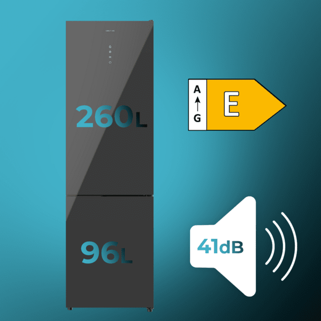 Bolero CoolMarket Combi 356 Grey Glass E Frigorífico combi cristal gris, 200cm alto y 59,5 cm ancho, capacidad 356L, Total No Frost, clase energética E. Además, cuenta con distintos modos como Fast Cooling y Fast Freezing, así como sistemas como MultiAirFlow y modo vacaciones.