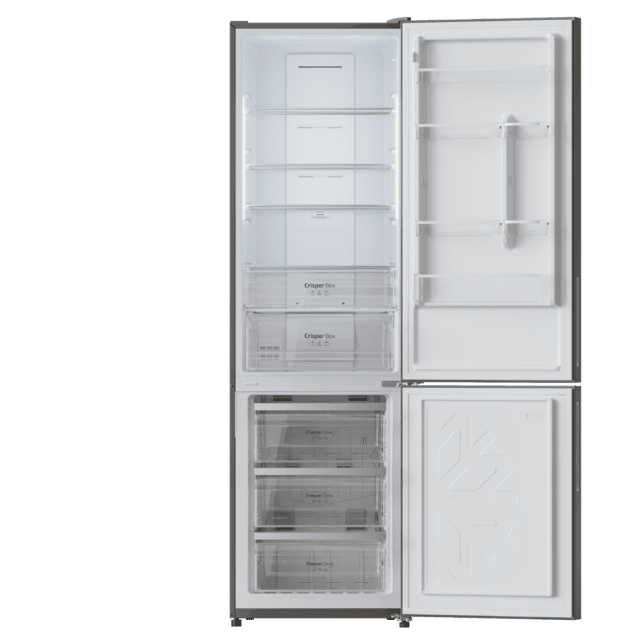 Bolero CoolMarket Combi 356 Grey Glass E Frigorífico combi cristal gris, 200cm alto y 59,5 cm ancho, capacidad 356L, Total No Frost, clase energética E. Además, cuenta con distintos modos como Fast Cooling y Fast Freezing, así como sistemas como MultiAirFlow y modo vacaciones.