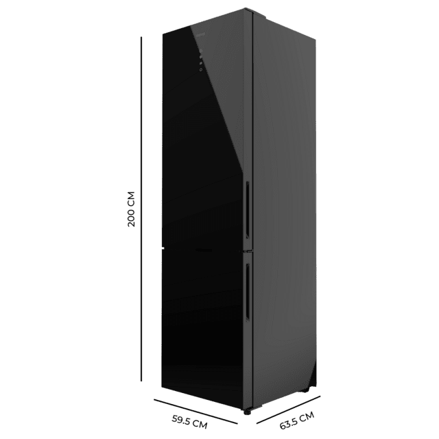 Bolero CoolMarket Combi 356 Black Glass E Frigorífico combi cristal negro, 200cm alto y 59,5 cm ancho, capacidad 356L, Total No Frost, clase energética E. Además, cuenta con distintos modos como Fast Cooling y Fast Freezing, así como sistemas como MultiAirFlow y modo vacaciones.