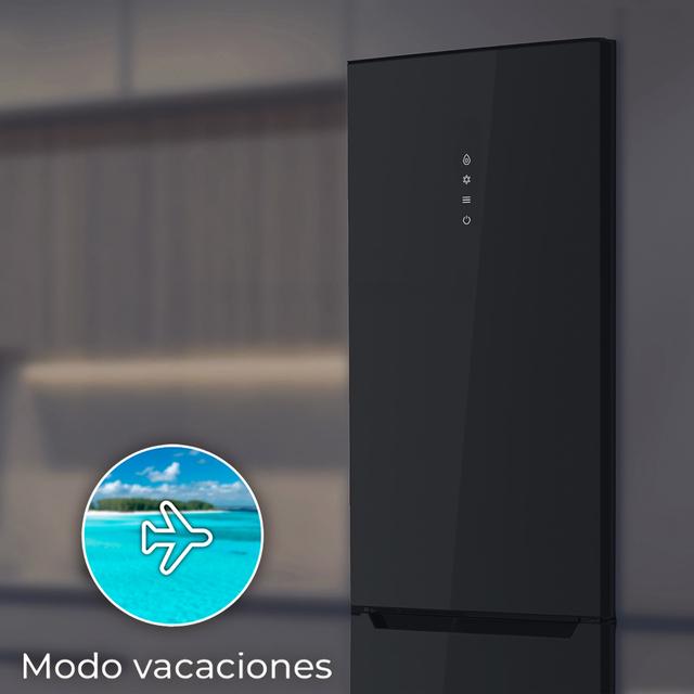 Bolero CoolMarket Combi 356 Black Glass E Frigorífico combi cristal negro, 200cm alto y 59,5 cm ancho, capacidad 356L, Total No Frost, clase energética E. Además, cuenta con distintos modos como Fast Cooling y Fast Freezing, así como sistemas como MultiAirFlow y modo vacaciones.