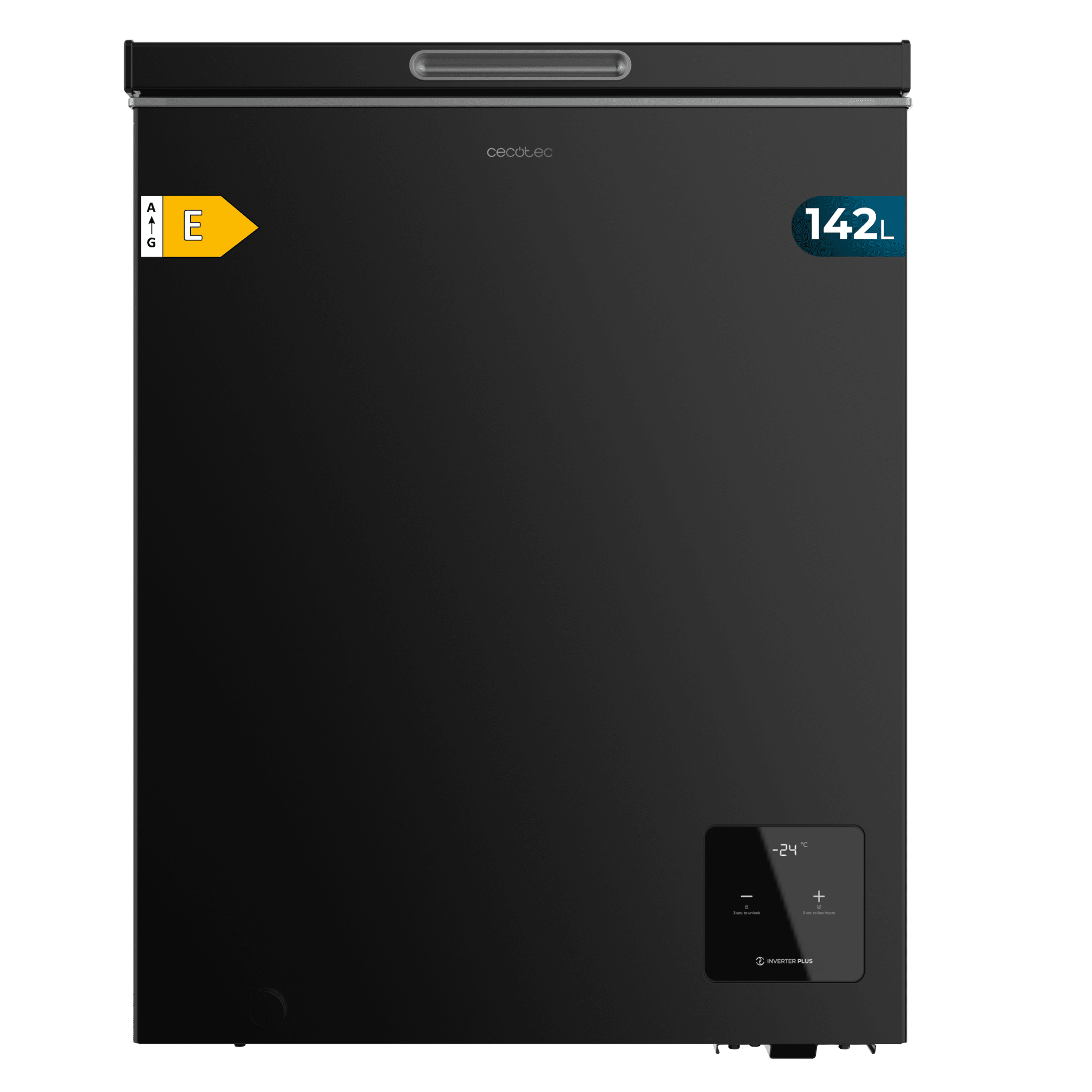 Bolero CoolMarket Chest 142 Black E Arca congeladora preta, com 83,5 cm de altura e 63,5 cm de largura, com 142 L de capacidade, compressor Inverter Plus, convertível em frigorífico, classe energética E e modo Fast Freezing.