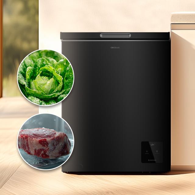 Bolero CoolMarket Chest 142 Black E Congelador horizontal negro, 83,5cm alto y 63,5cm ancho, con 142 L de capacidad, compresor Inverter Plus, conversible a frigorífico, clase energética E y con modo Fast Freezing