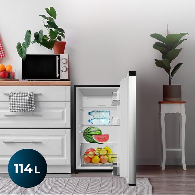 Bolero CoolMarket TT 114 L Inox Mini frigorífico inox de 83,6 cm de alto y 50,6 cm de ancho con capacidad de 114L, clase energética E, Crisper Box, Luz LED interior y control temperatura mecánico.