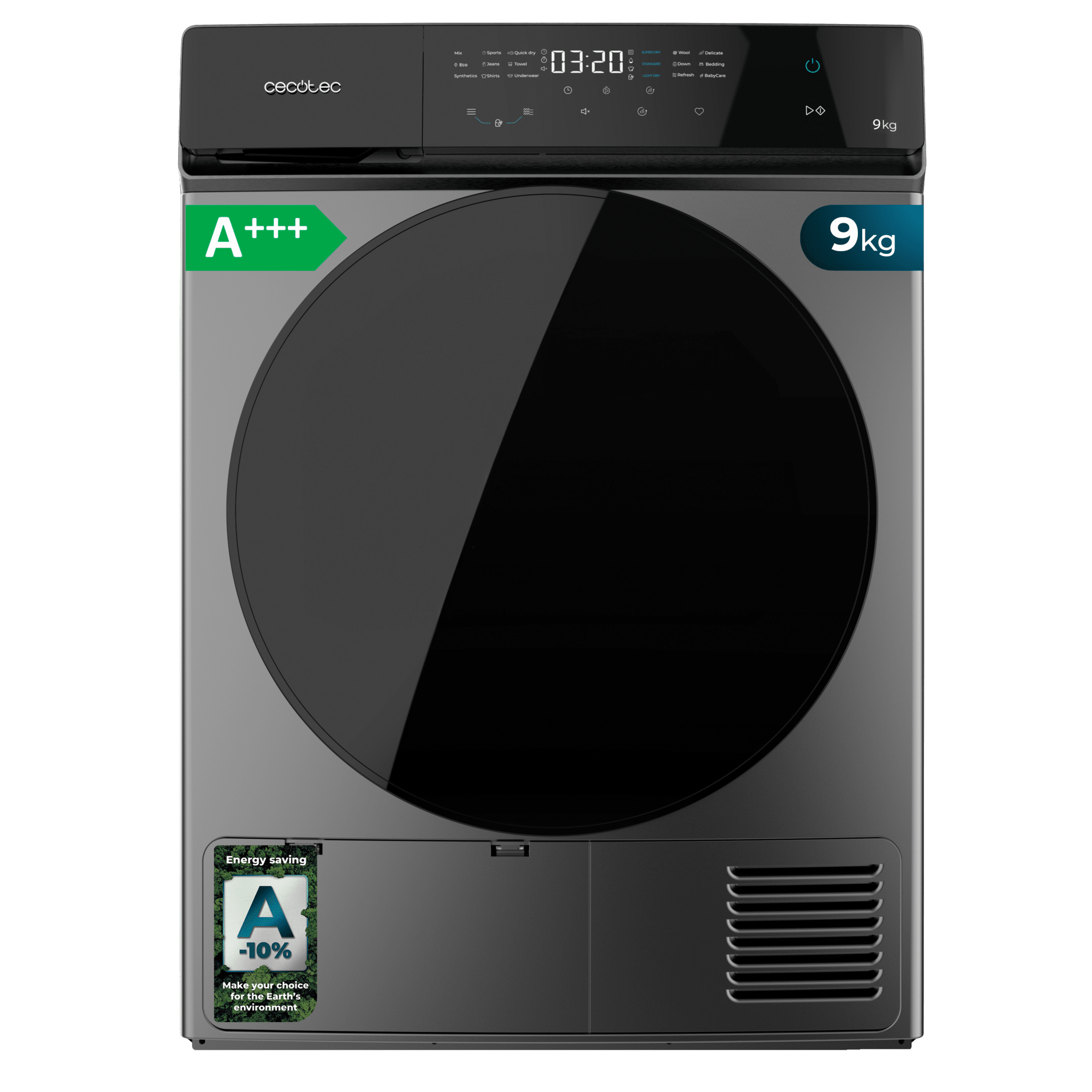 Sèche-linge avec pompe à chaleur steel, capacité de charge de 9 kg, classe A+++, Full Touch, repassage facile, 15 programmes et tambour en acier inoxydable.
