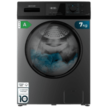  Máquina de lavar roupa de carga frontal Steel com capacidade para 7 kg e 1200 rpm, 15 programas, classe A, motor Inverter Plus, SteamMax, Drum Clean e Allergy Care.