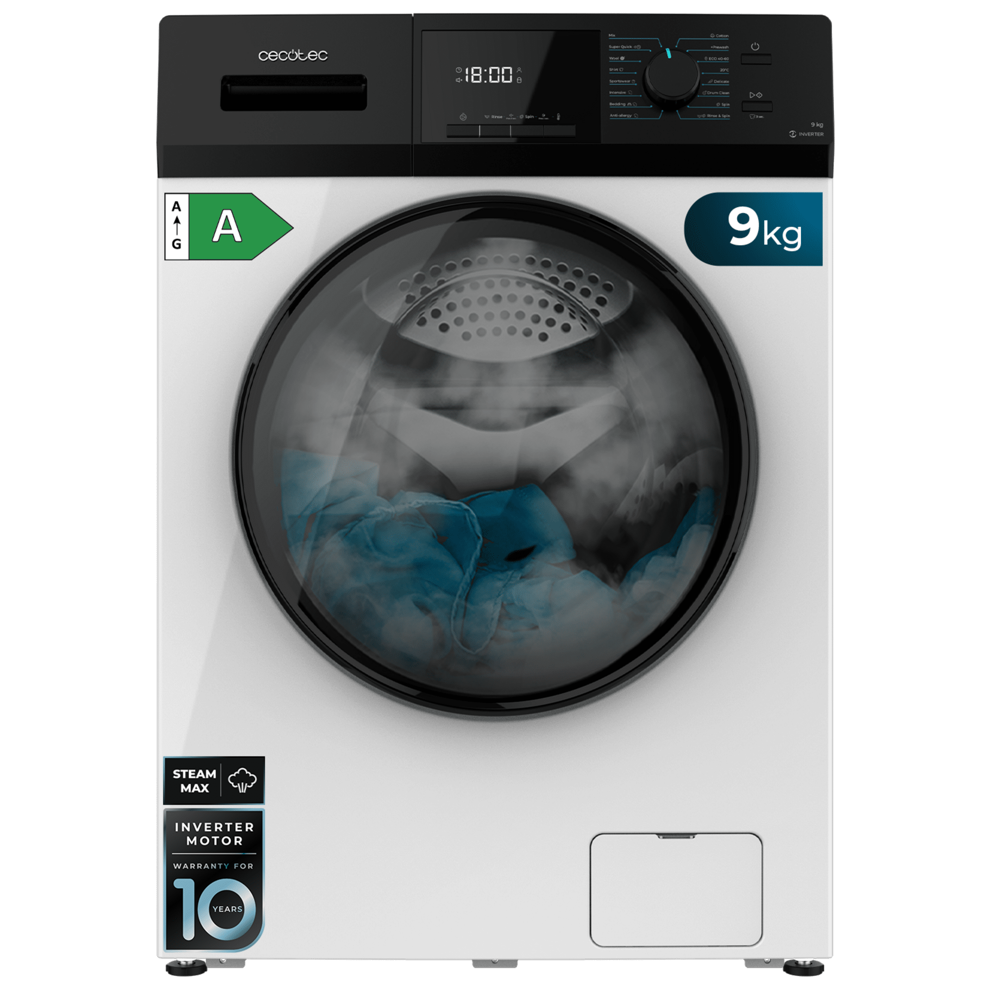 Bolero Dresscode 9410 Inverter A  Lave-linge avec 9 kg de capacité, 1400 tr/min, 16 programmes, classe A, moteur Inverter Plus et SteamMax, Drum Clean et Allergy Care.