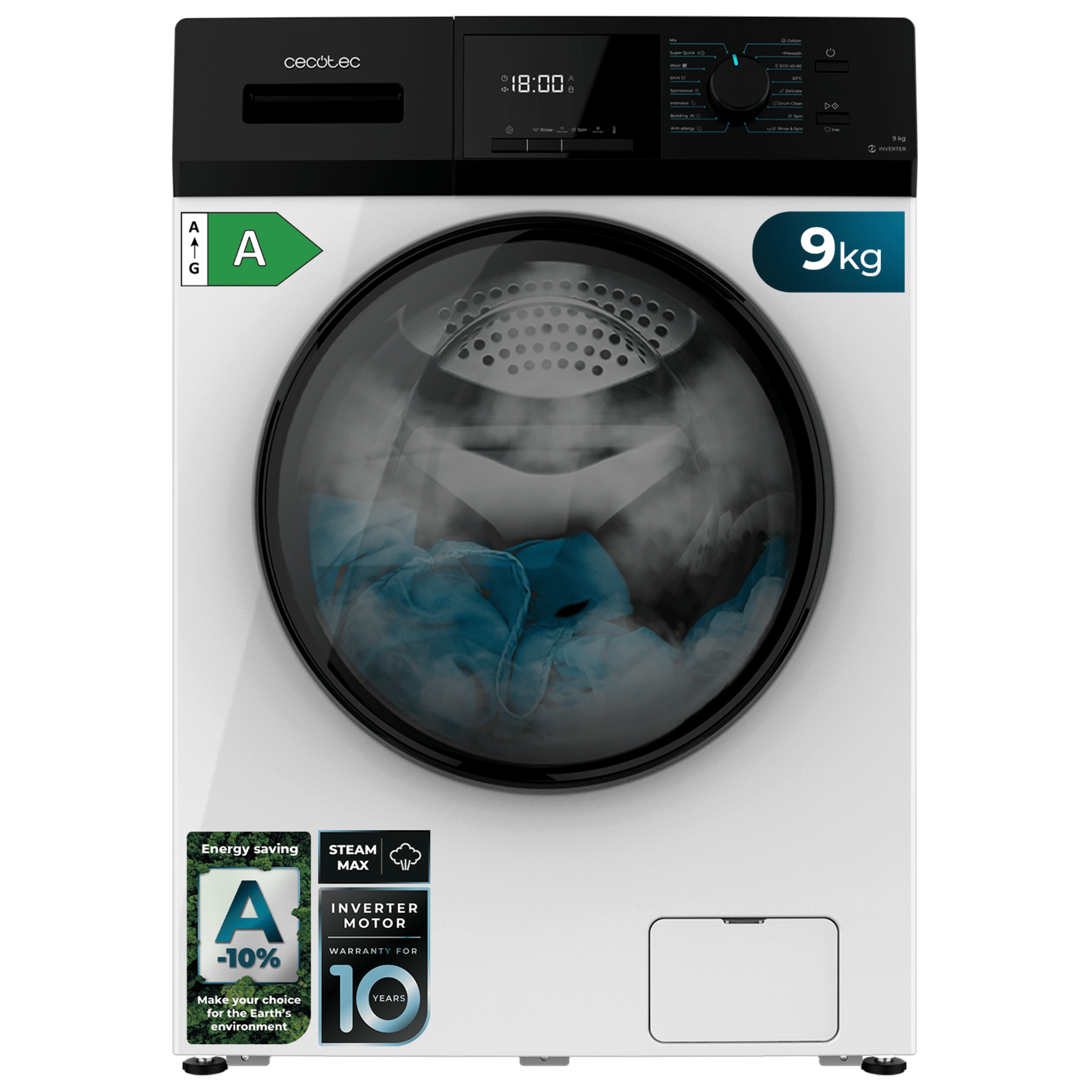 Bolero Dresscode 9410 Inverter A Lave-linge avec 9 kg de capacité, 1400 tr/min, 16 programmes, classe A, moteur Inverter Plus et SteamMax, Drum Clean et Allergy Care.