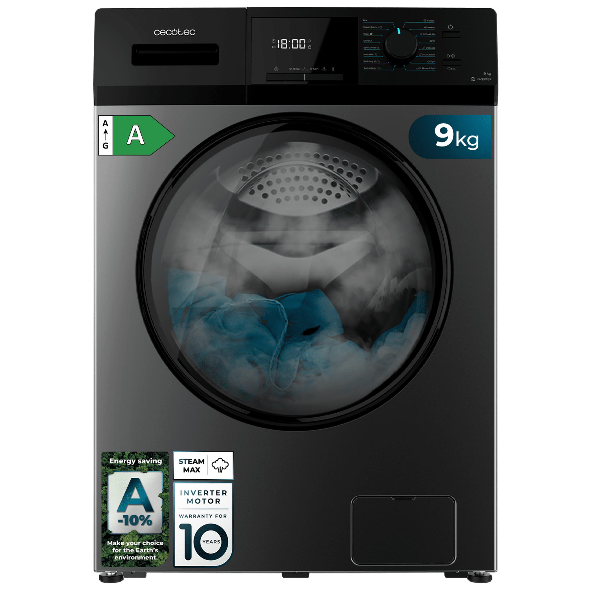 Bolero DressCode 9410 Inverter Steel A Frontlader-Waschmaschine aus Steel mit 9 kg Fassungsvermögen und 1400 U/min, Klasse A, 16 Programmen, Inverter Plus Motor, SteamMax, Drum Clean und Allergy Care.