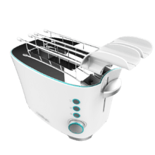 Toast&Taste Double W com capacidade para duas torradas. Inclui pinças para torradas. 650 W de potência e 7 posições de tostagem, função descongelar e reaquecer. Sistema extra-elevador, bandeja grande para migalhas e orifício para coleta de cabos.