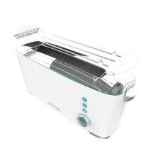 Torradeira de pão Toast&Taste Extra W com capacidade para duas torradas. Inclui porta muffin. 1000 W de potência e 7 posições de tostagem, função descongelar e reaquecer. Sistema extra-lift, bandeja larga para migalhas e orifício para coleta de cabos