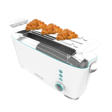 Toast&Taste Extra W Grille-pain avec capacité pour deux tranches de pain. Il dispose d’un support pour les pains de petite taille. 1000 W de puissance et 7 niveaux de grillage ; fonction décongeler et réchauffer. Système d’extra-élévation, ample plateau ramasse-miettes et espace range-câble.