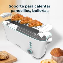 Torradeira de pão Toast&Taste Extra W com capacidade para duas torradas. Inclui porta muffin. 1000 W de potência e 7 posições de tostagem, função descongelar e reaquecer. Sistema extra-lift, bandeja larga para migalhas e orifício para coleta de cabos