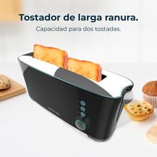 Torradeira de pão Toast&Taste Extra B com capacidade para duas torradas. Inclui porta muffin. 1000 W de potência e 7 posições de tostagem, função descongelar e reaquecer. Sistema extra-lift, bandeja larga para migalhas e orifício para coleta de cabos