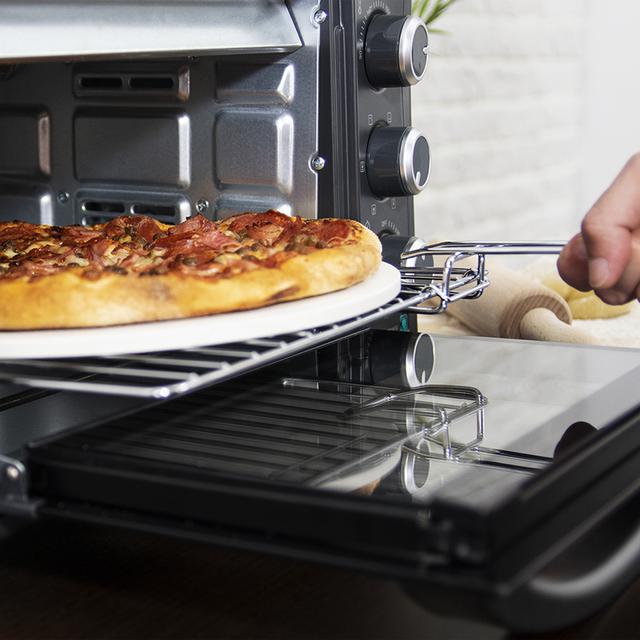 Horno Sobremesa con piedra para pizza Bake&Toast 570 4Pizza. 1500 W, Elektrischer Multifunktions-Tischbackofen, Konvektionsgaren, Innenbeleuchtung, Doppeltür aus Glas