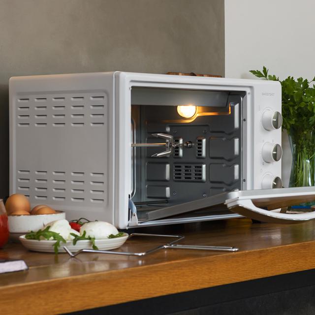 Mini forno Bake&Toast 3000 4Pizza White Gyro 1600 W, multifunzione, pietra per pizza, doppio sportello in vetro e acciaio, include spiedo rotante